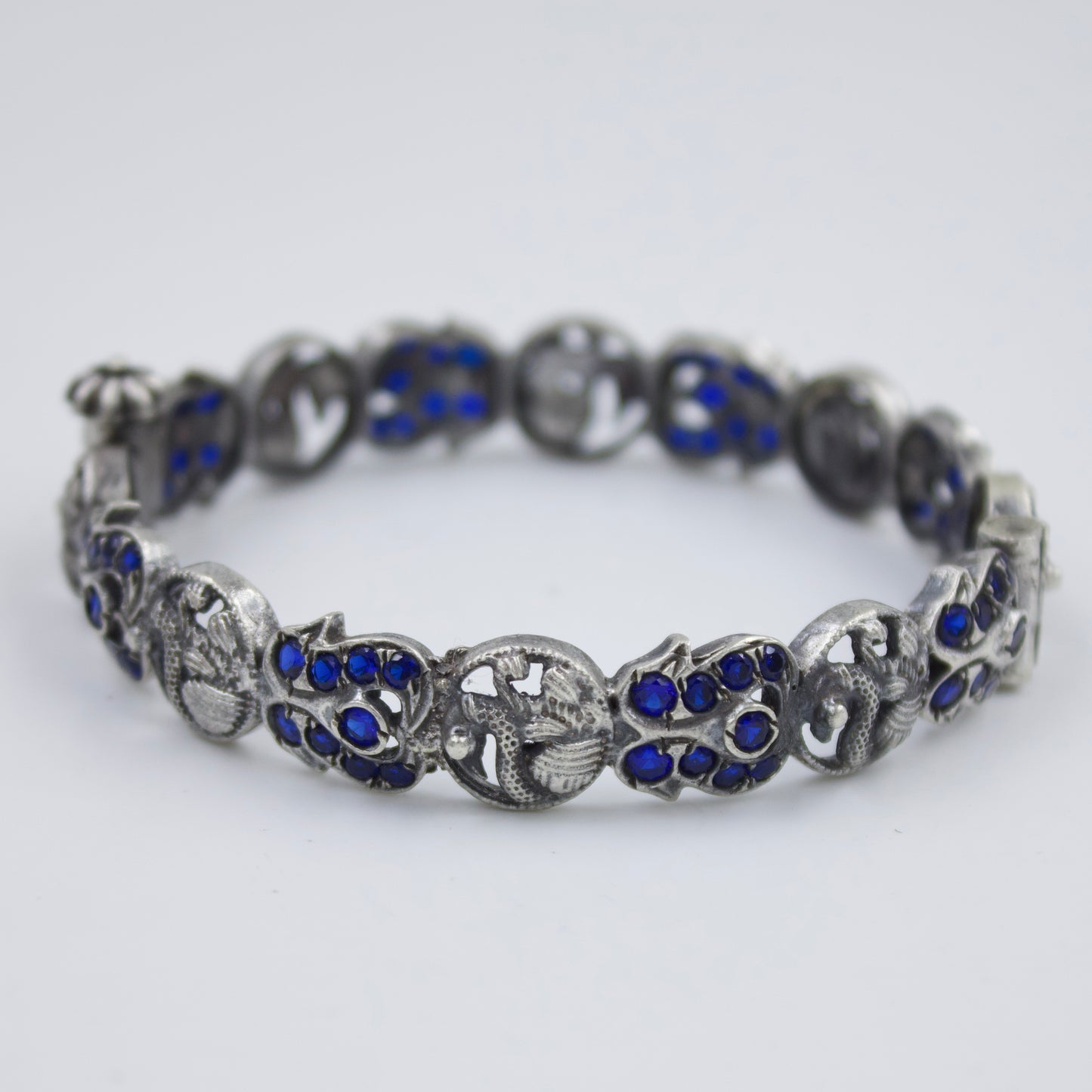 Elegant Indian Temple Kada Hinged Bangle with Lab Sapphire in Sterling Silver