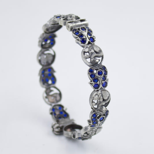 Elegant Indian Temple Kada Hinged Bangle with Lab Sapphire in Sterling Silver