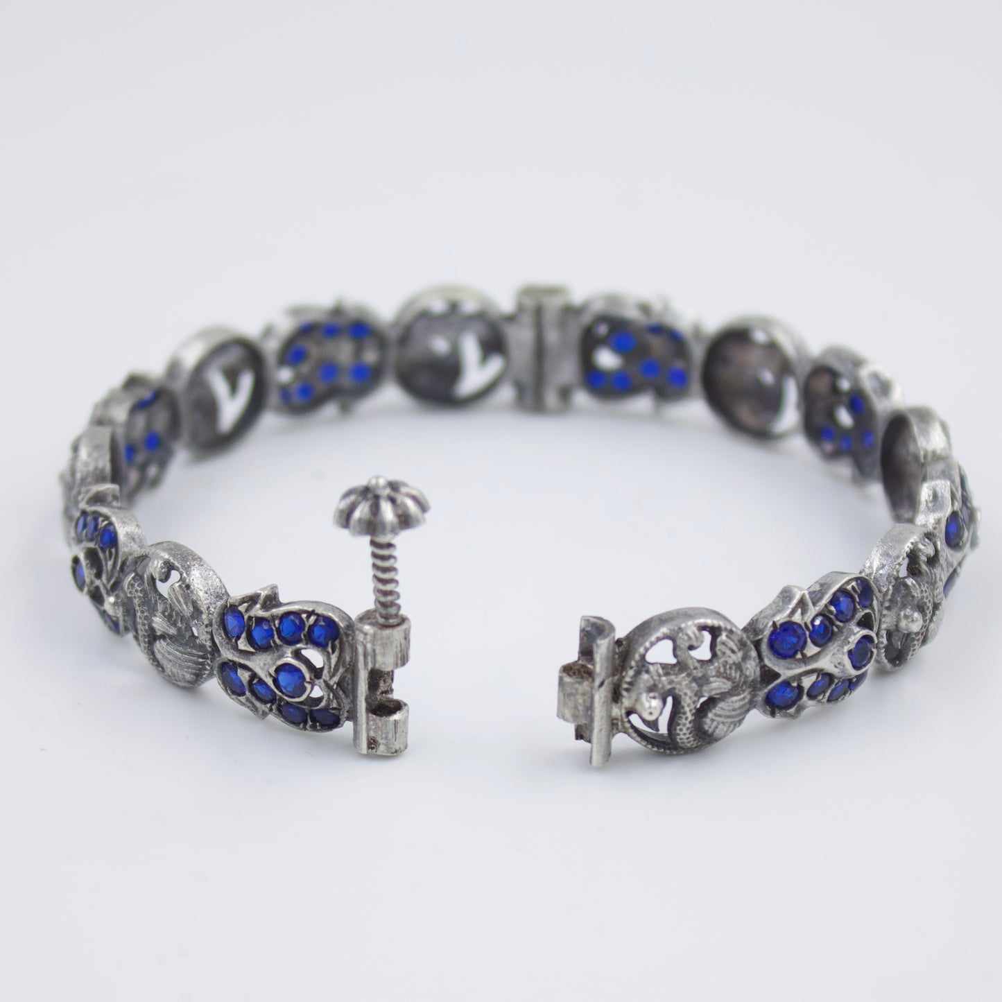 Elegant Indian Temple Kada Hinged Bangle with Lab Sapphire in Sterling Silver