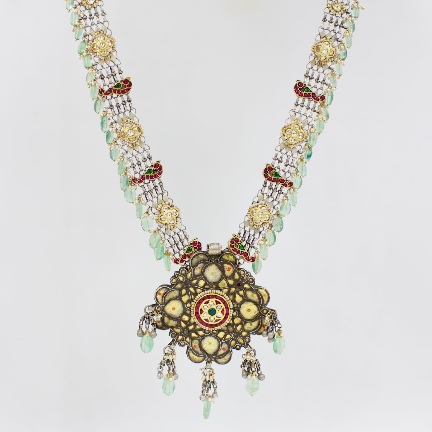 Antique Rajasthani Two Tone Indian Fusion Tribal Statement Long Necklace with Kundan Work in Sterling Silver