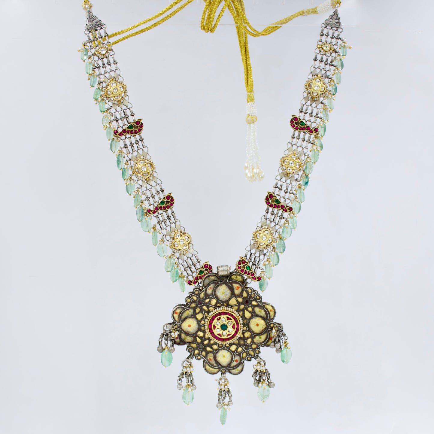 Antique Rajasthani Two Tone Indian Fusion Tribal Statement Long Necklace with Kundan Work in Sterling Silver