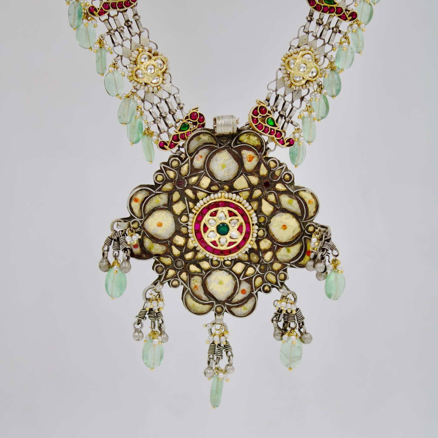 Antique Rajasthani Two Tone Indian Fusion Tribal Statement Long Necklace with Kundan Work in Sterling Silver