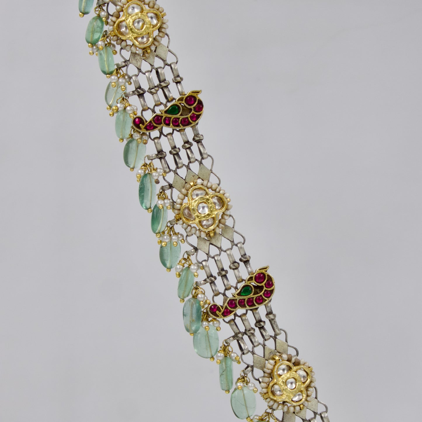 Antique Rajasthani Two Tone Indian Fusion Tribal Statement Long Necklace with Kundan Work in Sterling Silver