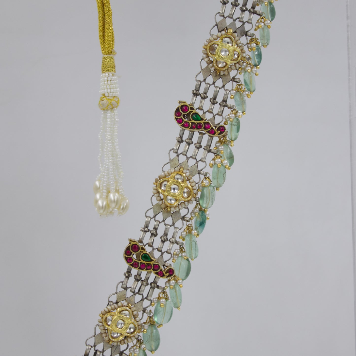 Antique Rajasthani Two Tone Indian Fusion Tribal Statement Long Necklace with Kundan Work in Sterling Silver