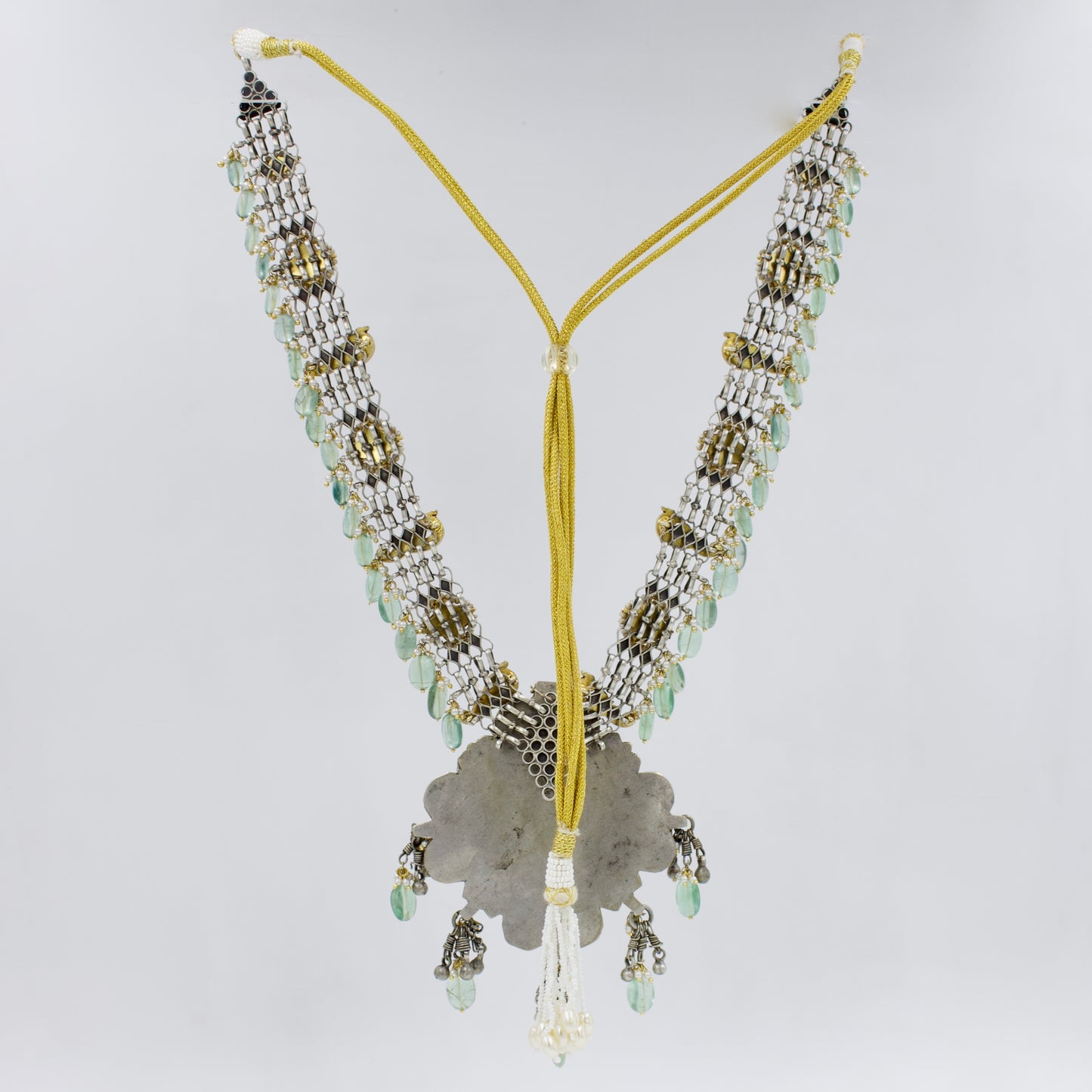 Antique Rajasthani Two Tone Indian Fusion Tribal Statement Long Necklace with Kundan Work in Sterling Silver