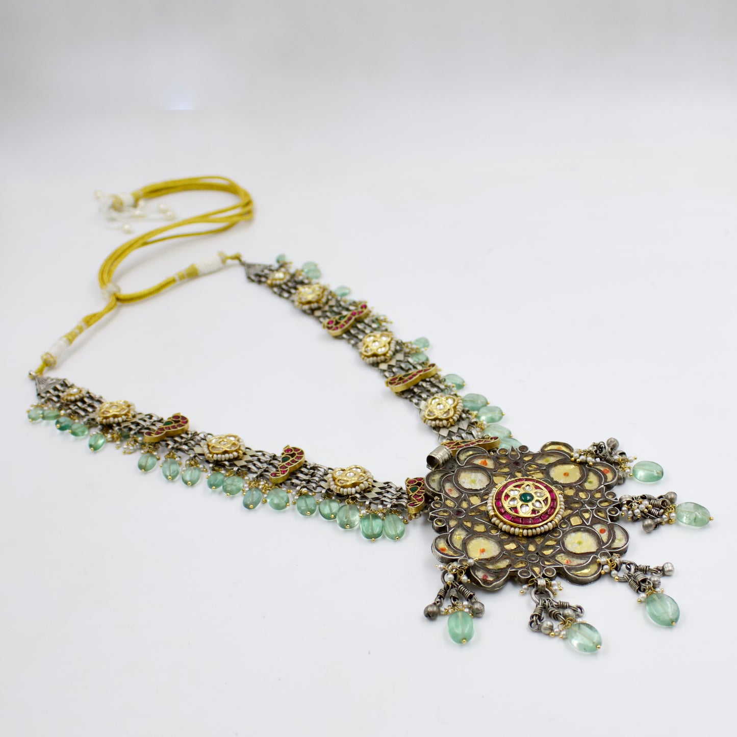 Antique Rajasthani Two Tone Indian Fusion Tribal Statement Long Necklace with Kundan Work in Sterling Silver