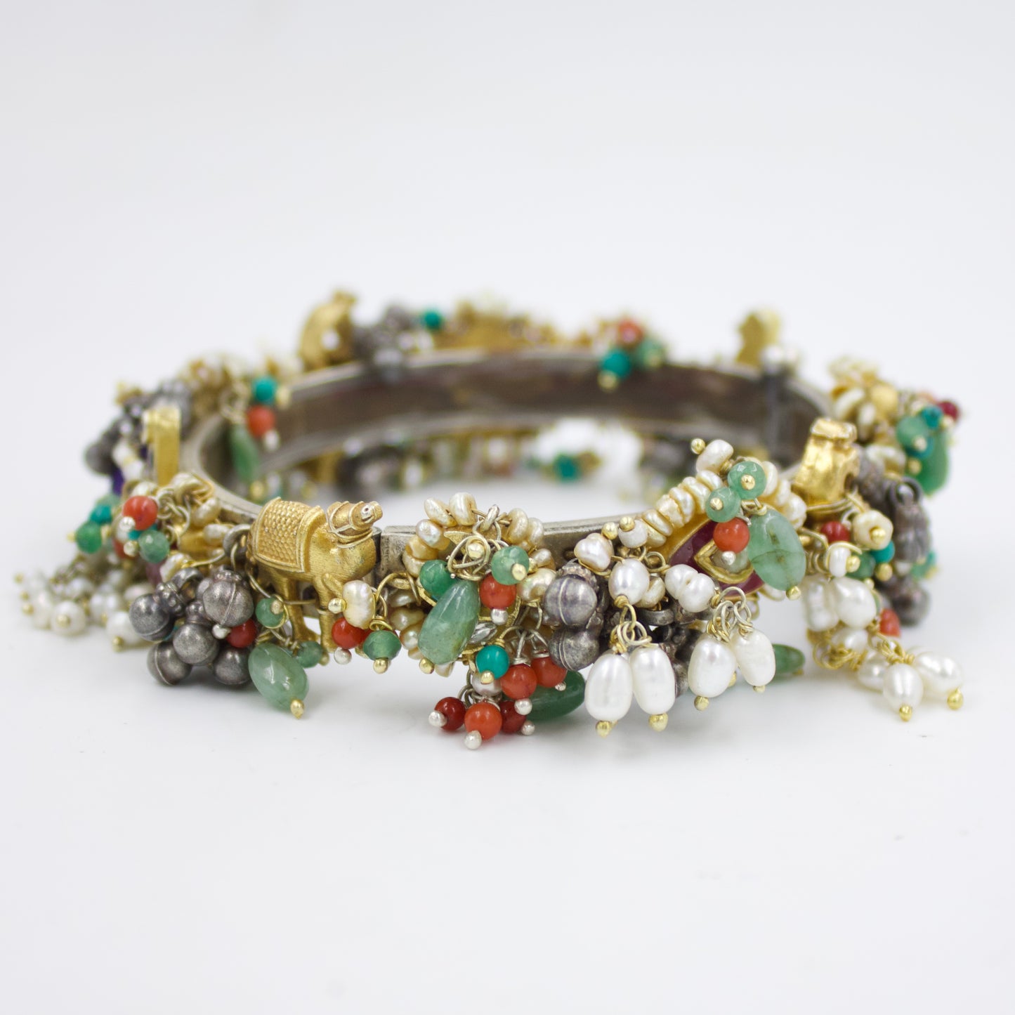 Elegant Indian Two Tone Fusion Multi Stone Animal Charm Statement Hinged Kada Bangle with Kundan Work in Sterling Silver Size 7 Inches