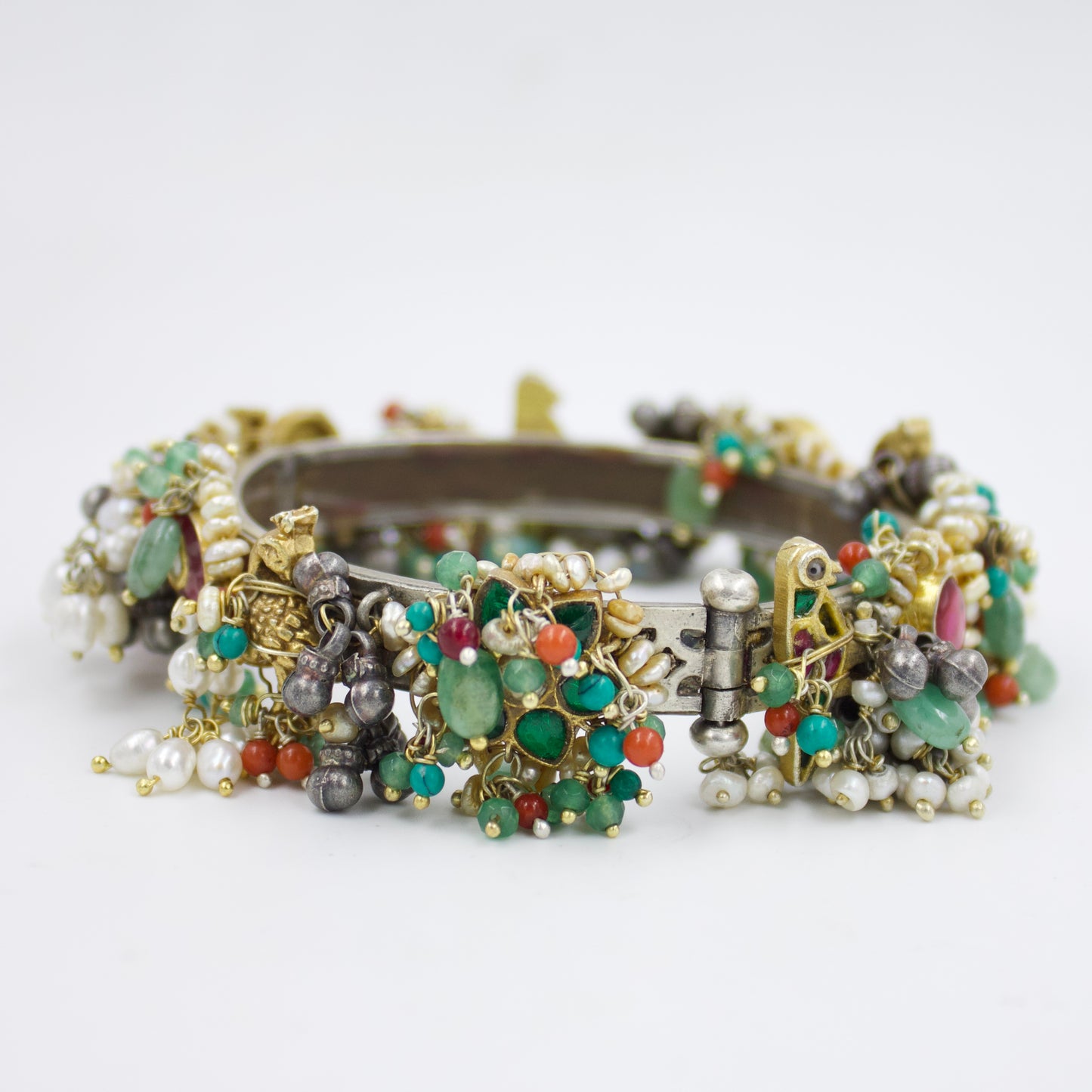 Elegant Indian Two Tone Fusion Multi Stone Animal Charm Statement Hinged Kada Bangle with Kundan Work in Sterling Silver Size 7 Inches
