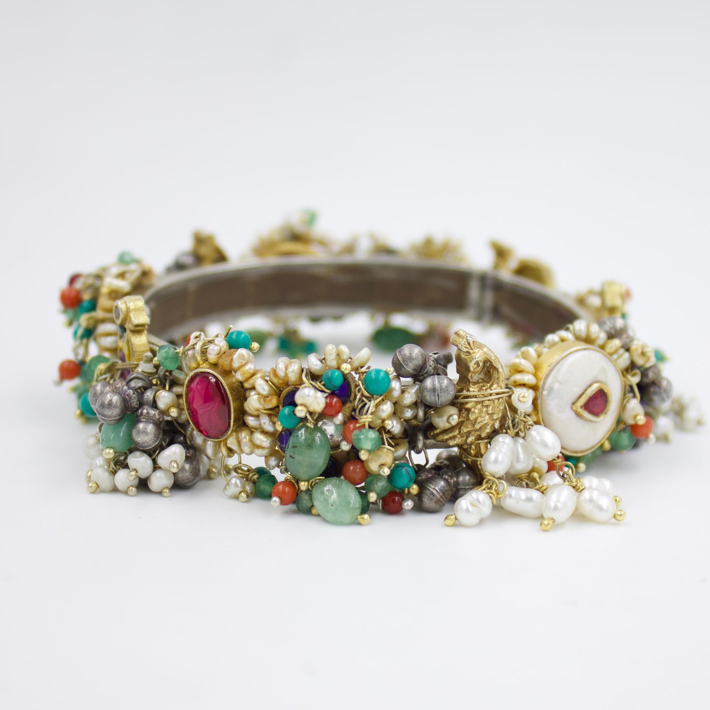 Elegant Indian Two Tone Fusion Multi Stone Animal Charm Statement Hinged Kada Bangle with Kundan Work in Sterling Silver Size 7 Inches