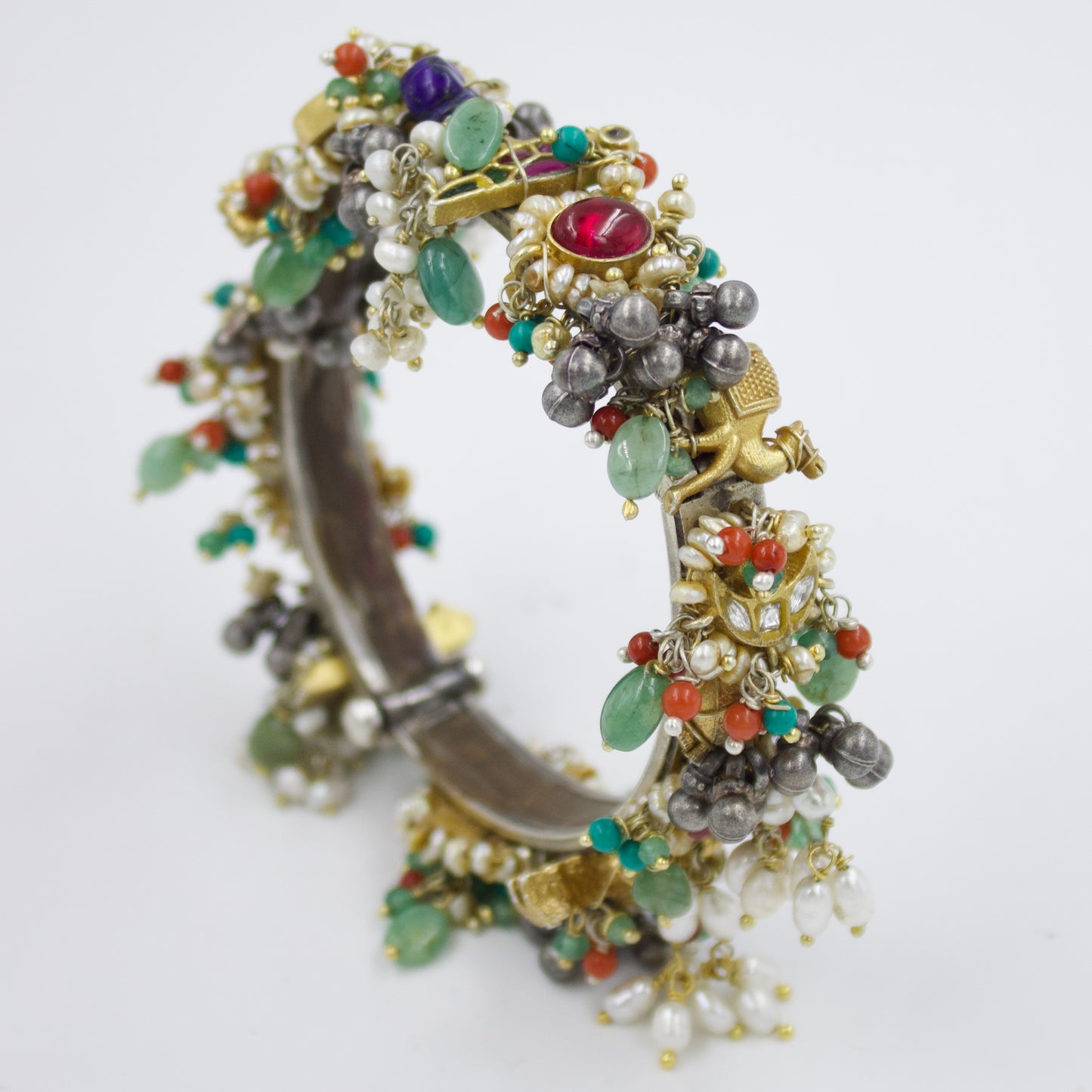 Elegant Indian Two Tone Fusion Multi Stone Animal Charm Statement Hinged Kada Bangle with Kundan Work in Sterling Silver Size 7 Inches