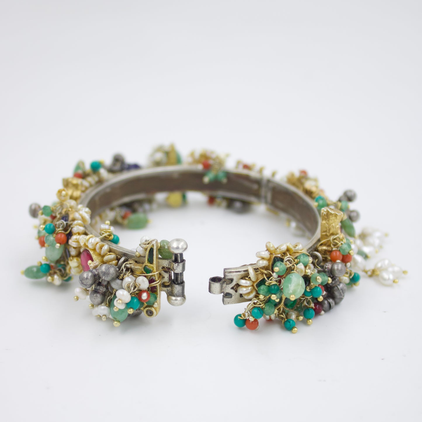 Elegant Indian Two Tone Fusion Multi Stone Animal Charm Statement Hinged Kada Bangle with Kundan Work in Sterling Silver Size 7 Inches