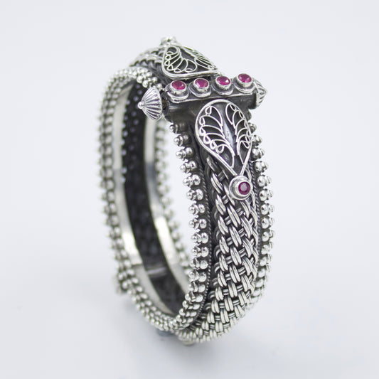 Hand Woven Meshwork Hinged Tribal Statement Kada Bangle with Created Ruby in Sterling Silver