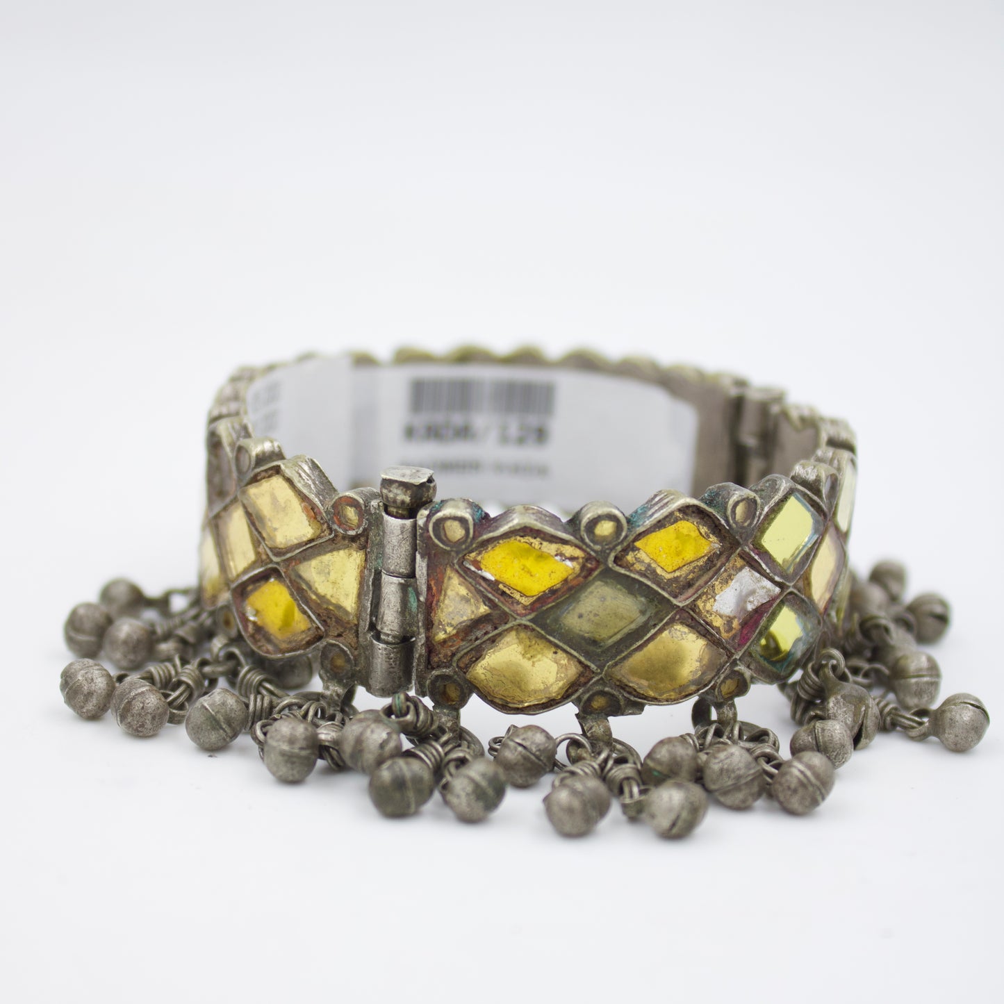 Antique Handmade Barmeri Colored Glass Ghungroo Hinged Kada Bangle in Sterling Silver Circa 1920 Collectors Piece