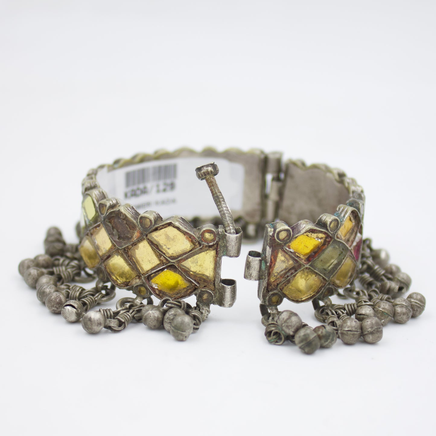 Antique Handmade Barmeri Colored Glass Ghungroo Hinged Kada Bangle in Sterling Silver Circa 1920 Collectors Piece
