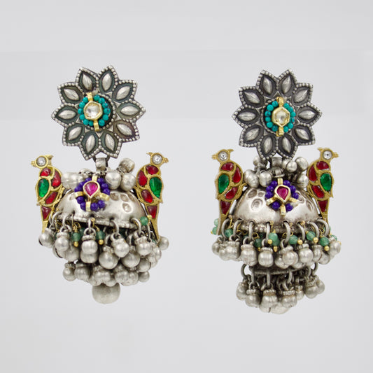 Antique Fusion Kundan Work Bird Motif Jhumki Drop Earrings in Sterling Silver