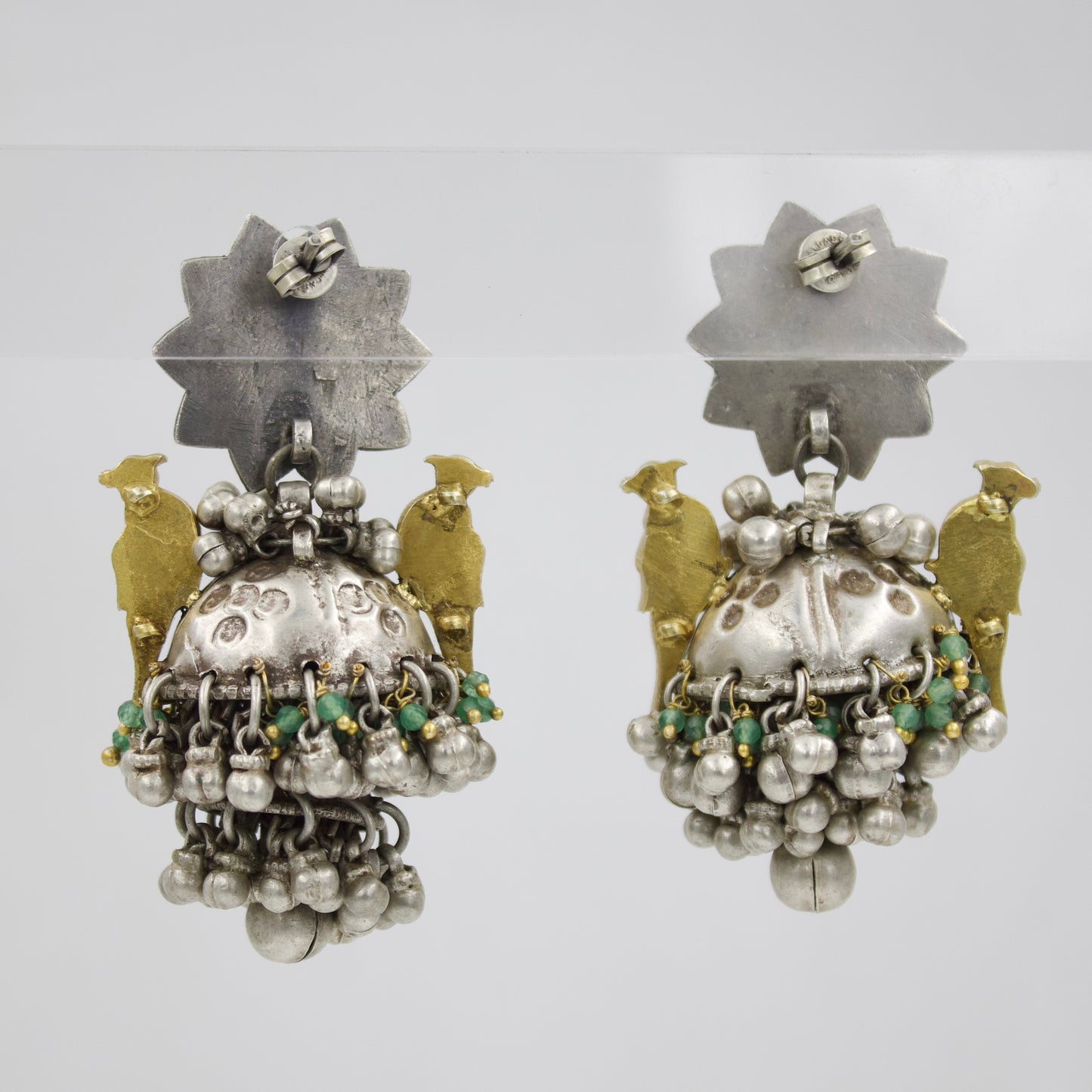 Antique Fusion Kundan Work Bird Motif Jhumki Drop Earrings in Sterling Silver