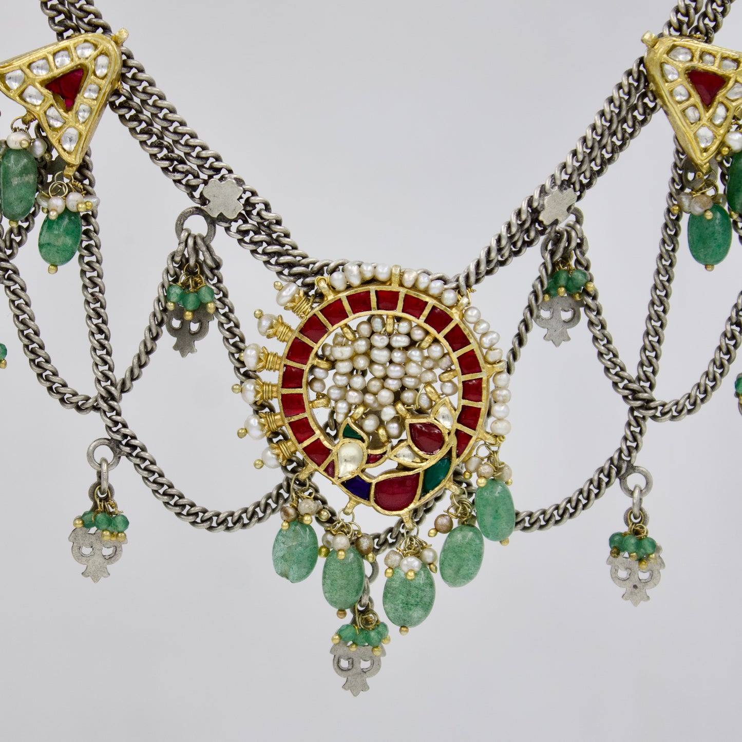 Handmade Rajasthani Two Tone Indian Fusion Tribal Statement Long Necklace with Kundan Work in Sterling Silver