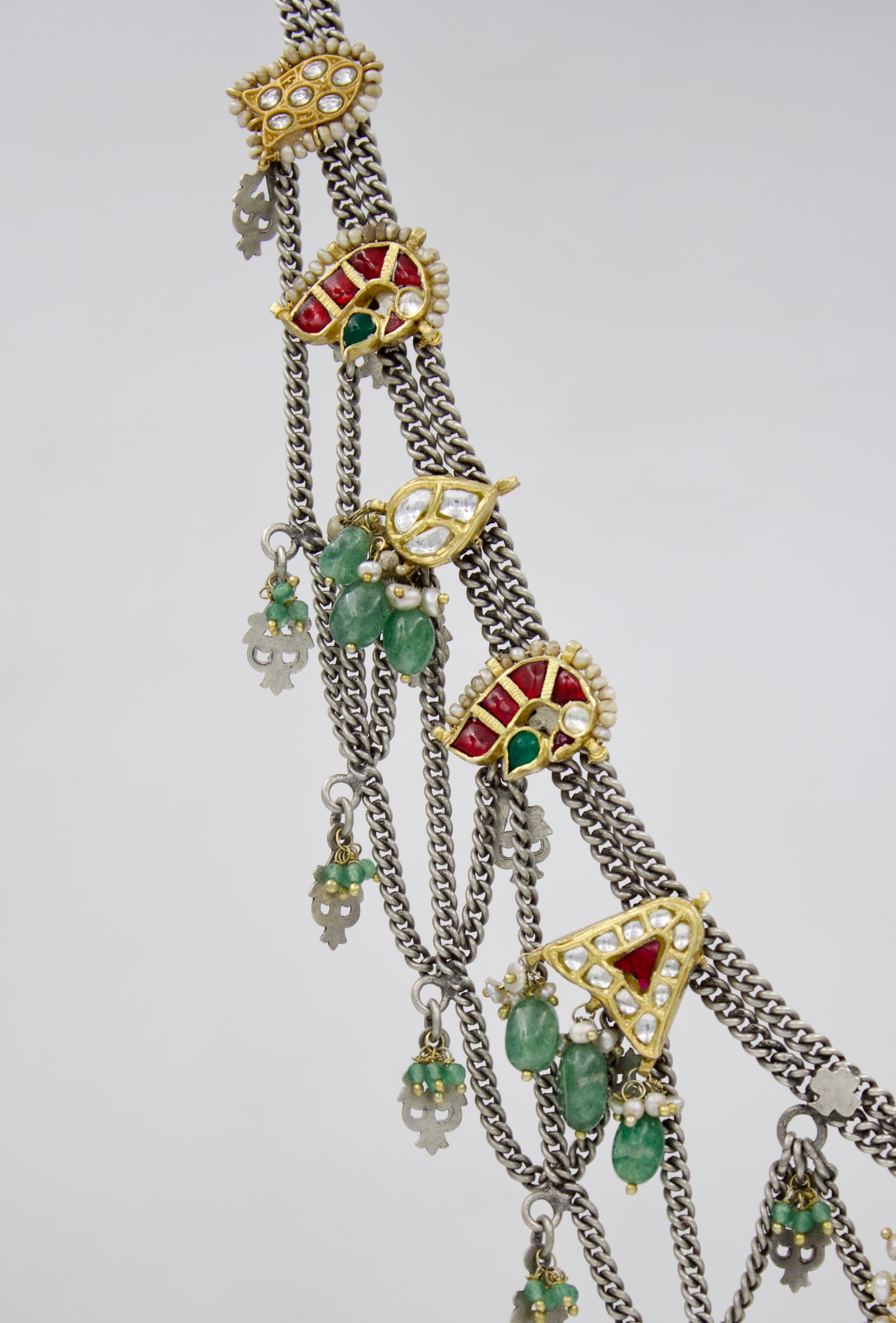 Handmade Rajasthani Two Tone Indian Fusion Tribal Statement Long Necklace with Kundan Work in Sterling Silver