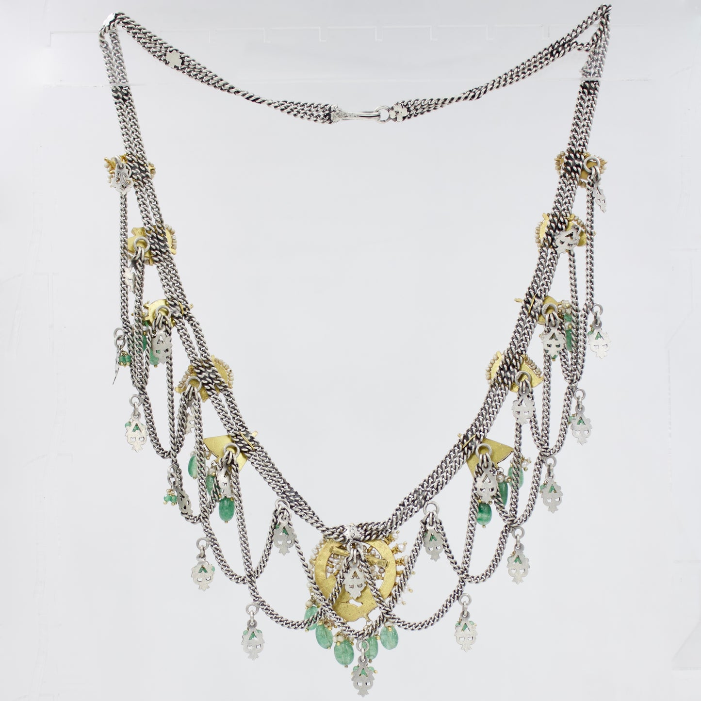 Handmade Rajasthani Two Tone Indian Fusion Tribal Statement Long Necklace with Kundan Work in Sterling Silver