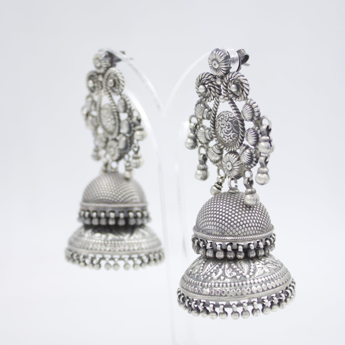 Long Indian Tribal Rajasthani Jhumki / Dome Drop Earring with Chitai Work in Sterling Silver