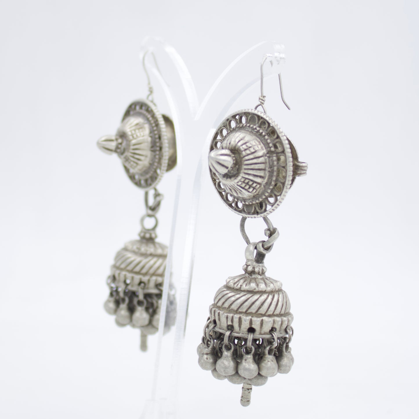 Antique Long Indian Tribal Rajasthani Jhumki / Dome Drop Earring in Silver 1930's Collection Piece Drop Length 3.3 Inches