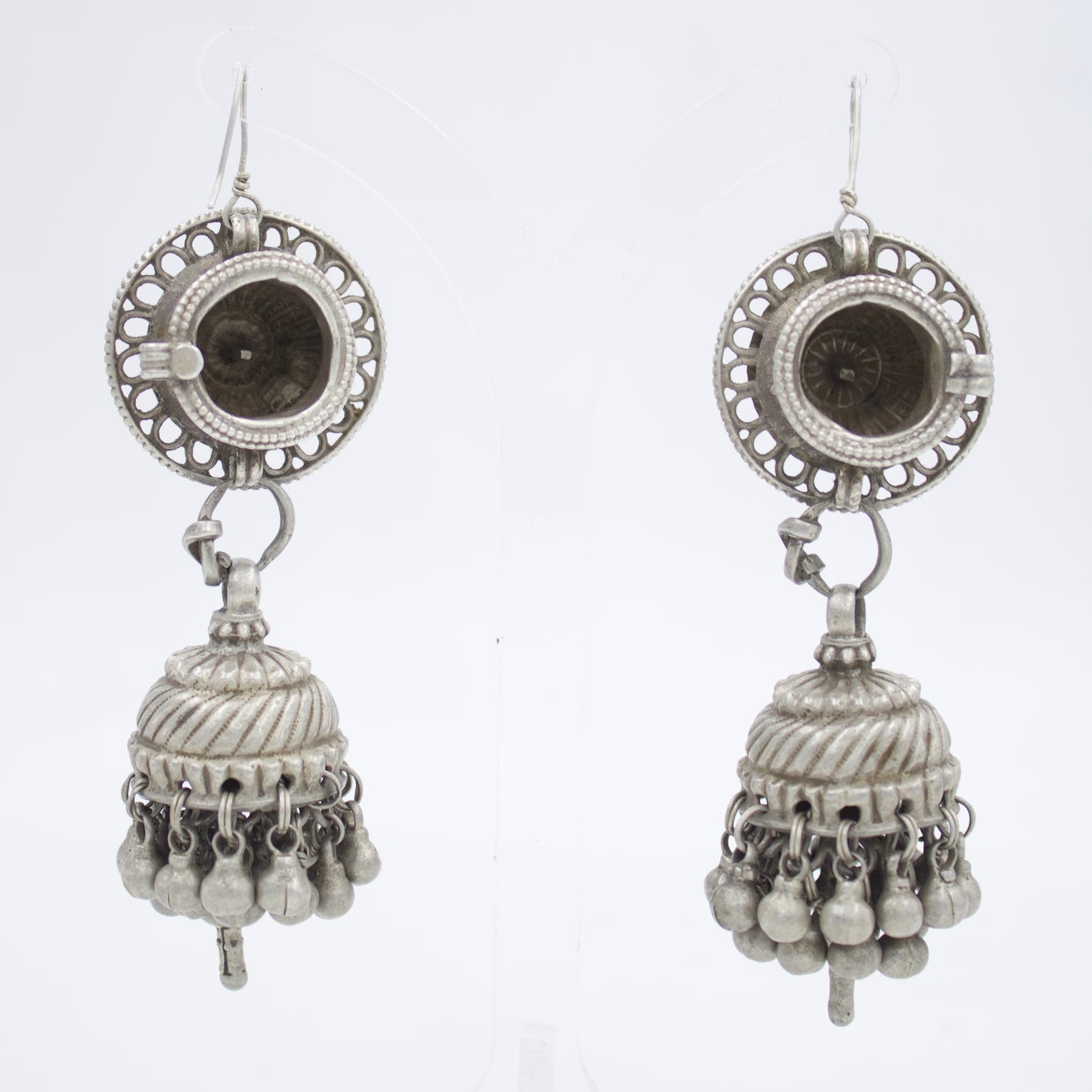 Antique Long Indian Tribal Rajasthani Jhumki / Dome Drop Earring in Silver 1930's Collection Piece Drop Length 3.3 Inches