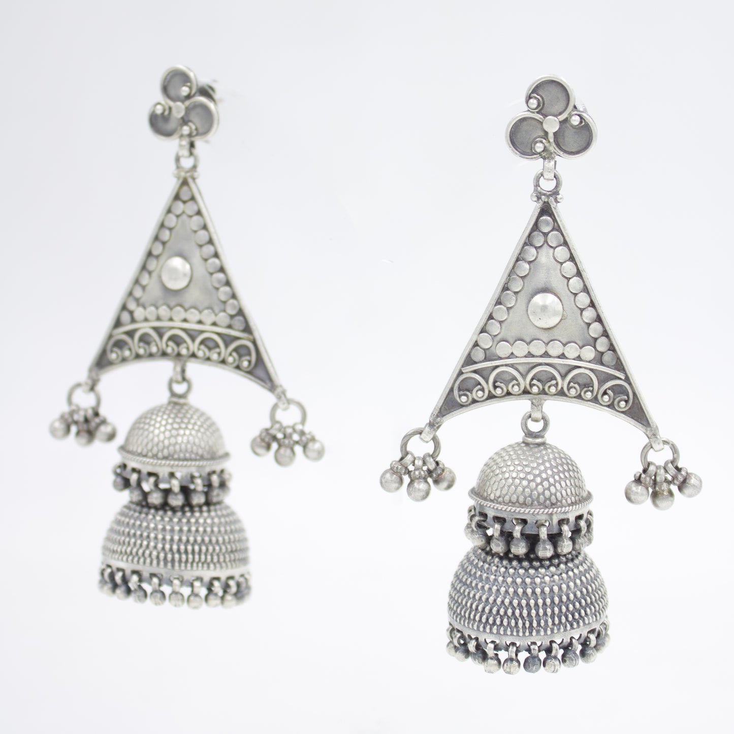 Long Indian Tribal Rajasthani Jhumki / Dome Drop Earring with Rawa Work in Sterling Silver