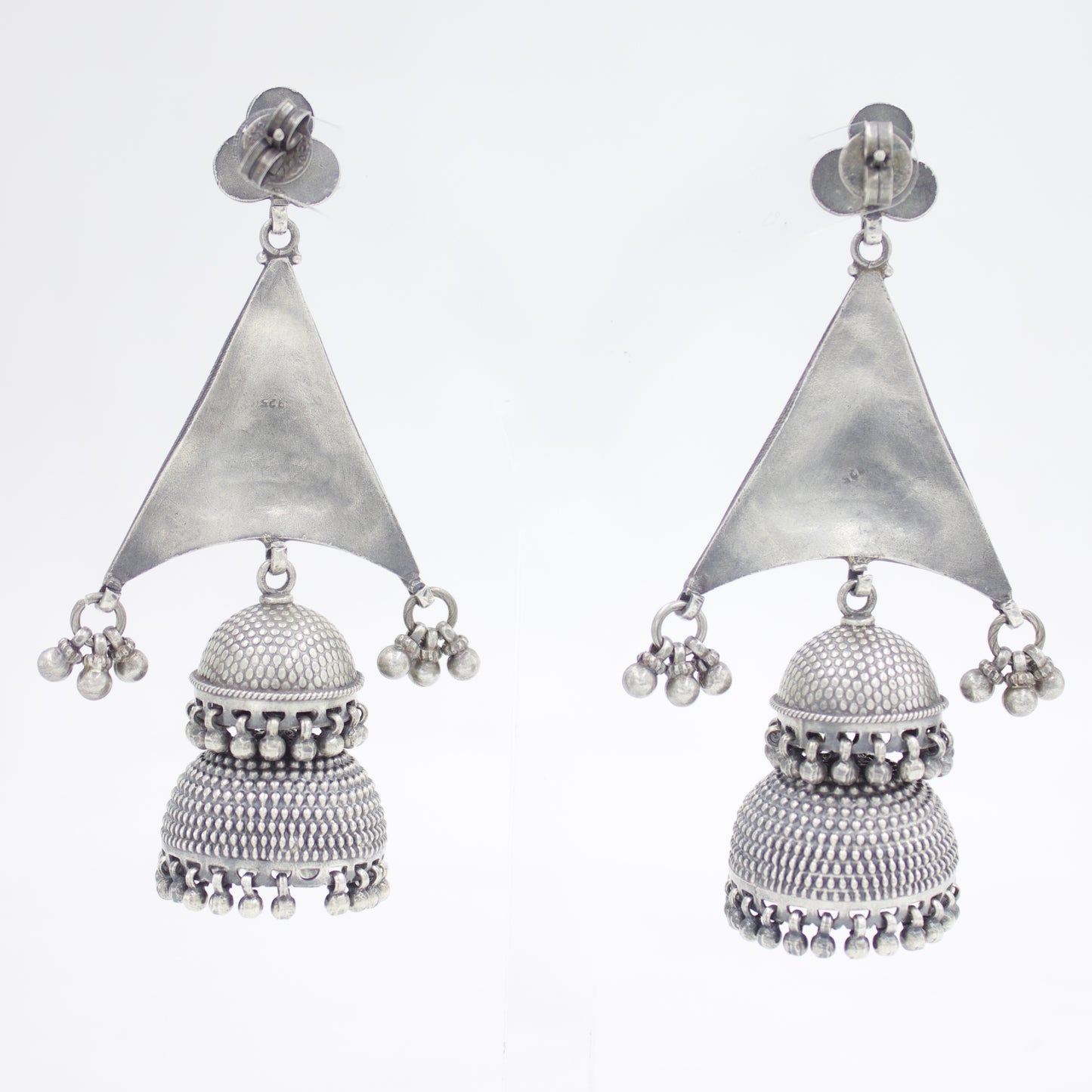 Long Indian Tribal Rajasthani Jhumki / Dome Drop Earring with Rawa Work in Sterling Silver