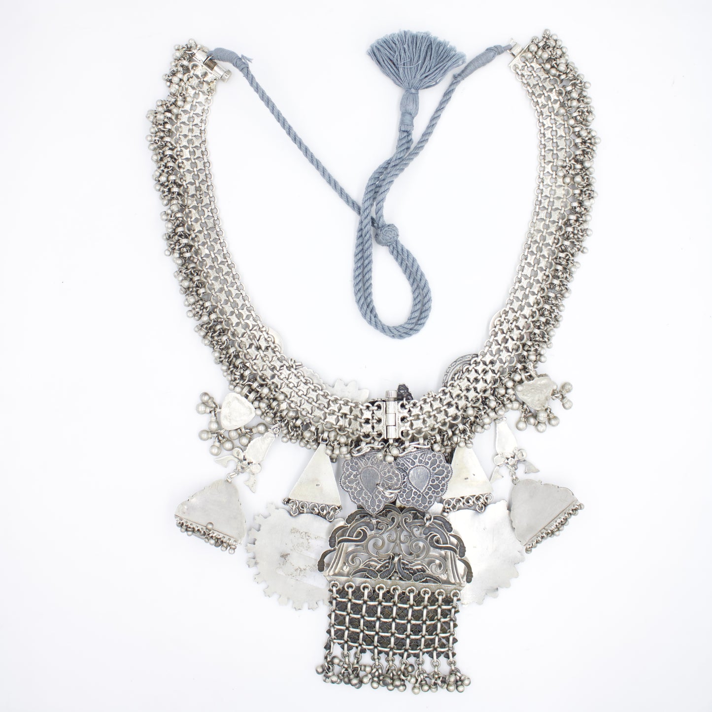 Antique Indian Rajasthani Tribal Long Statement Multi Pendant Necklace with Mirror and Kundan Work in Silver Circa 1930 Collection Piece