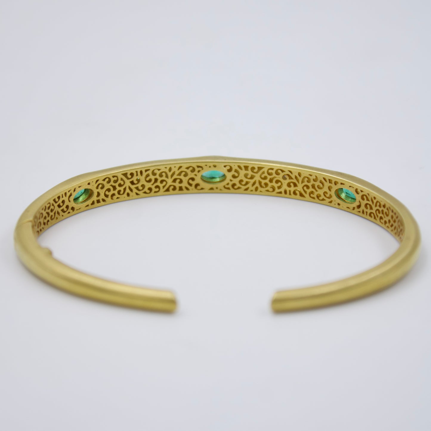 Minimalist Emerald and Diamond Bamboo Cuff Bracelet in 18K Brushed Gold