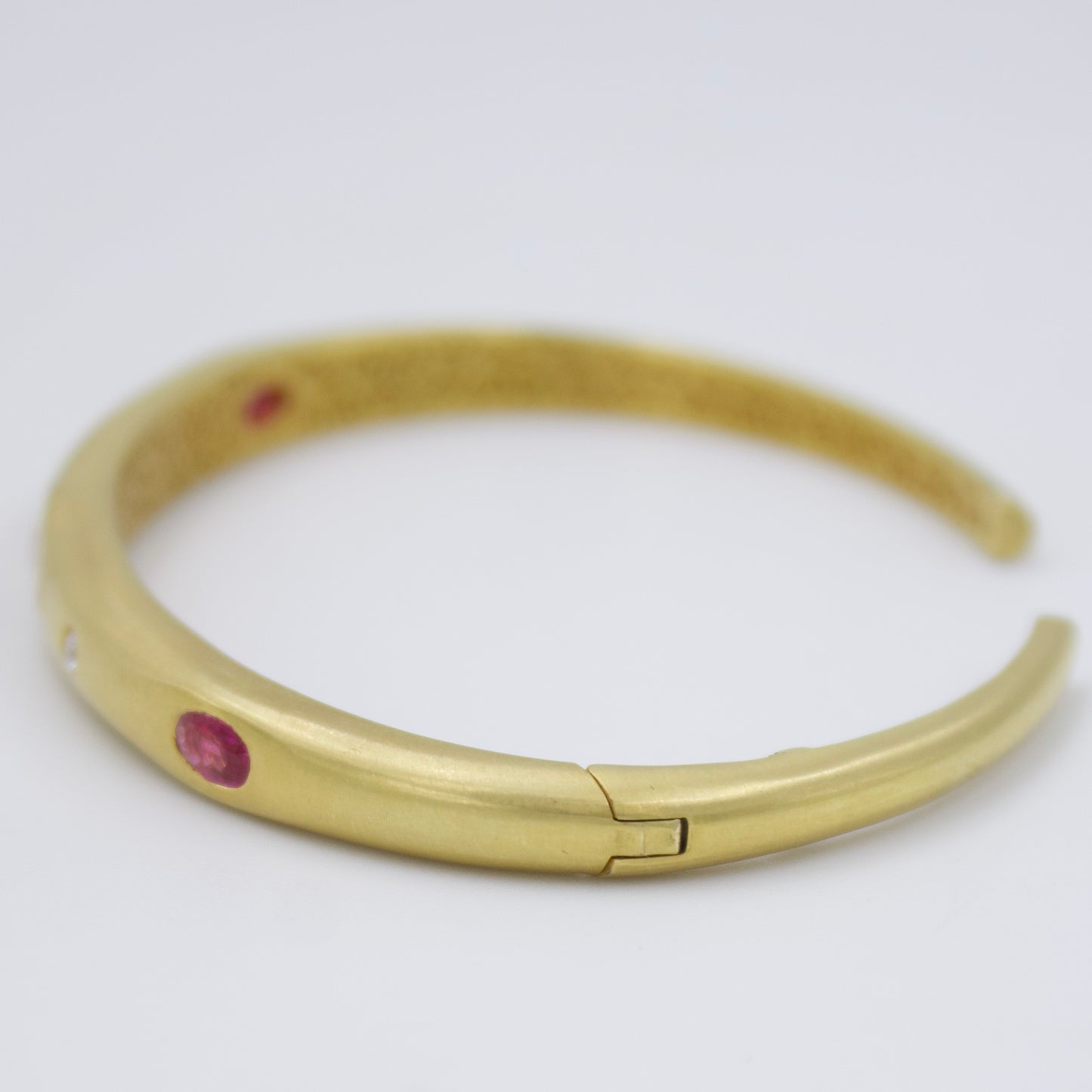 Minimalist Ruby and Diamond Bamboo Cuff Bracelet in 18K Brushed Gold
