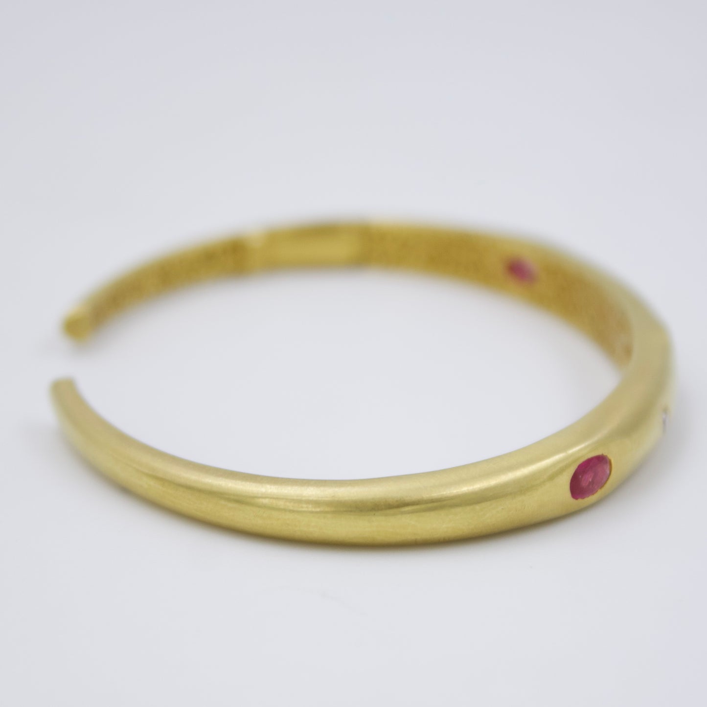 Minimalist Ruby and Diamond Bamboo Cuff Bracelet in 18K Brushed Gold