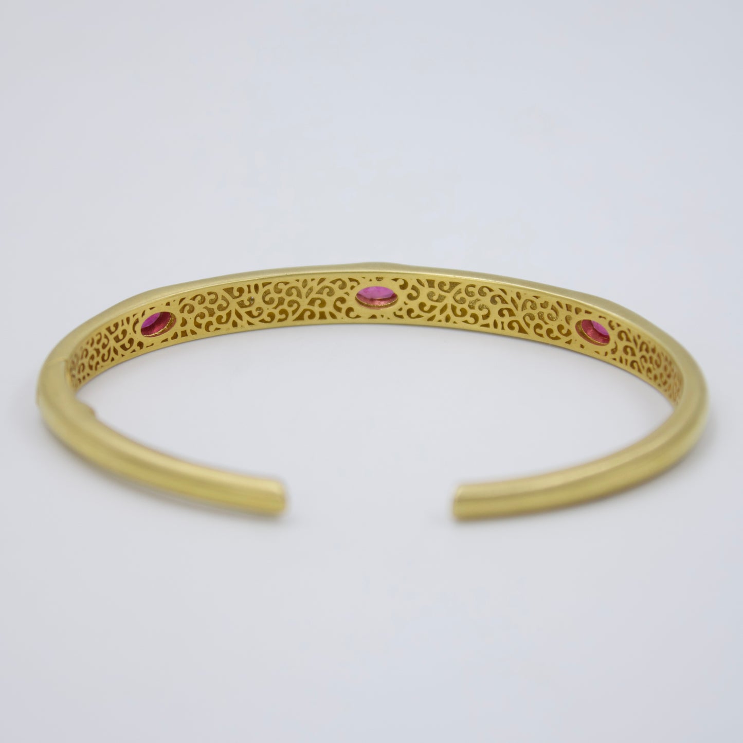 Minimalist Ruby and Diamond Bamboo Cuff Bracelet in 18K Brushed Gold