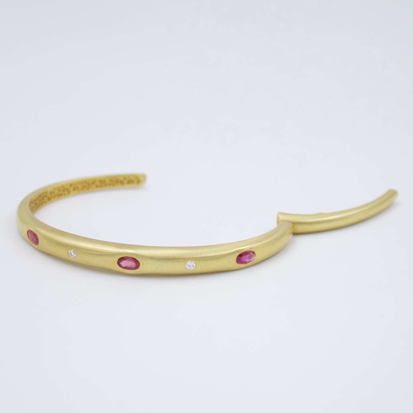 Minimalist Ruby and Diamond Bamboo Cuff Bracelet in 18K Brushed Gold