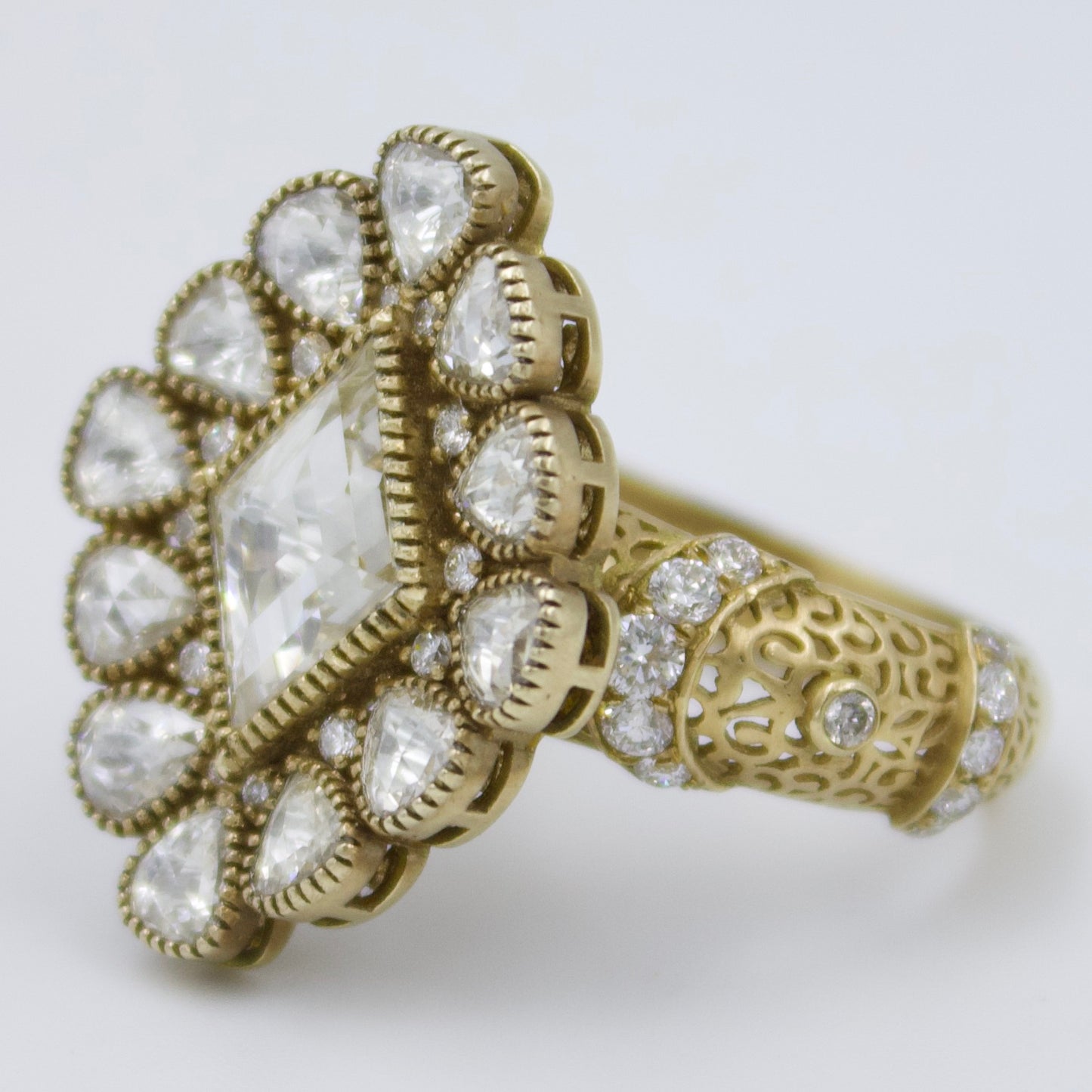 Luxurious Rose Cut Diamond Cocktail Ring with Filigree Work in 18K Brushed Gold