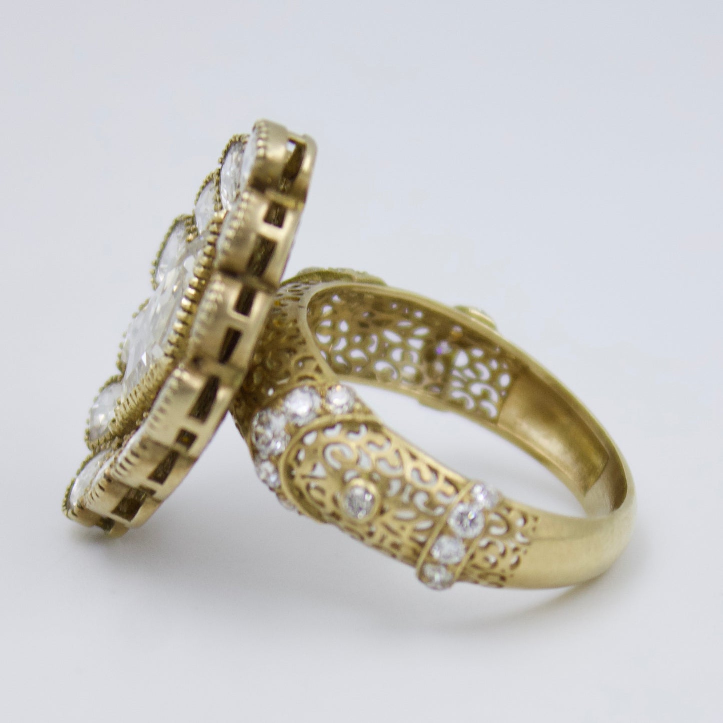 Luxurious Rose Cut Diamond Cocktail Ring with Filigree Work in 18K Brushed Gold