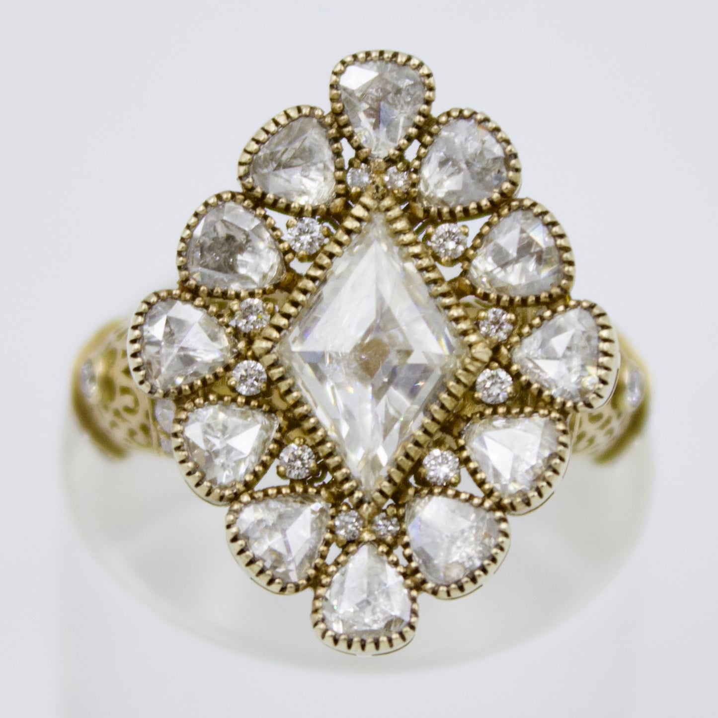 Luxurious Rose Cut Diamond Cocktail Ring with Filigree Work in 18K Brushed Gold
