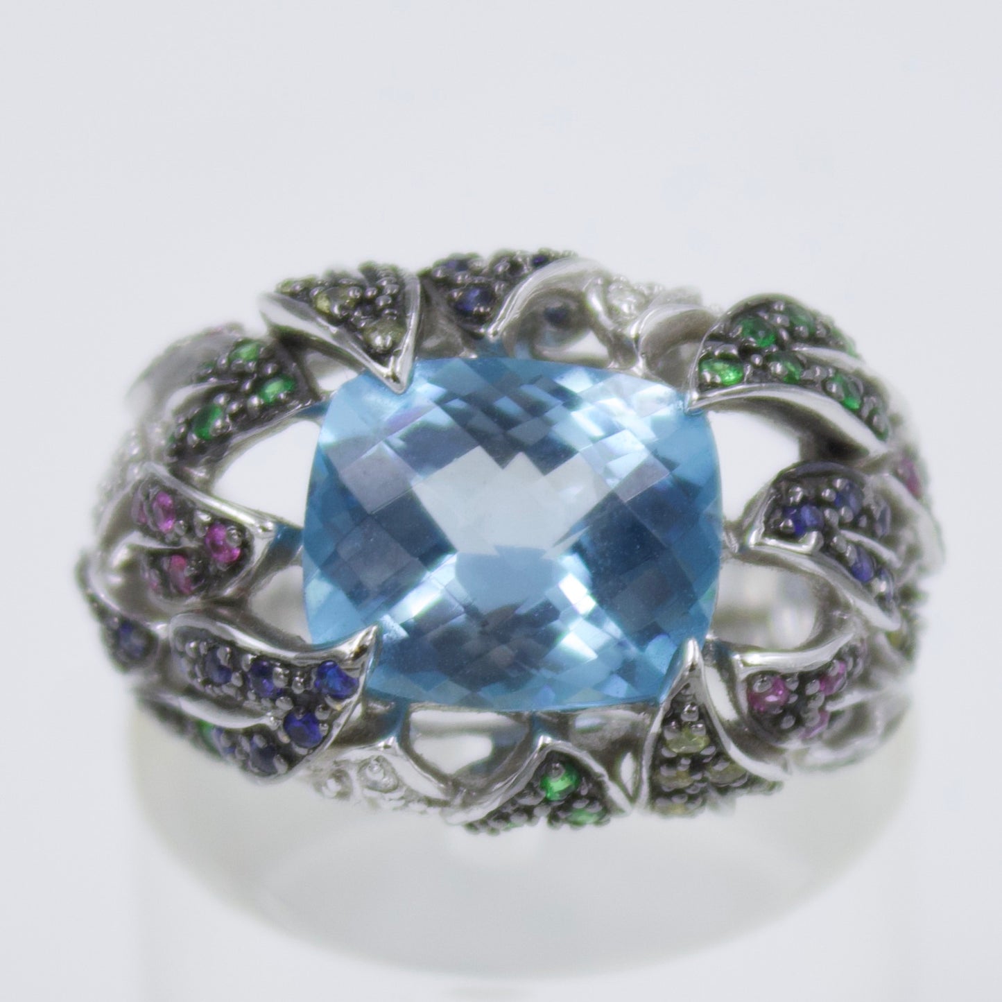 Blue Topaz Floral Cocktail Ring in 18K White Gold
