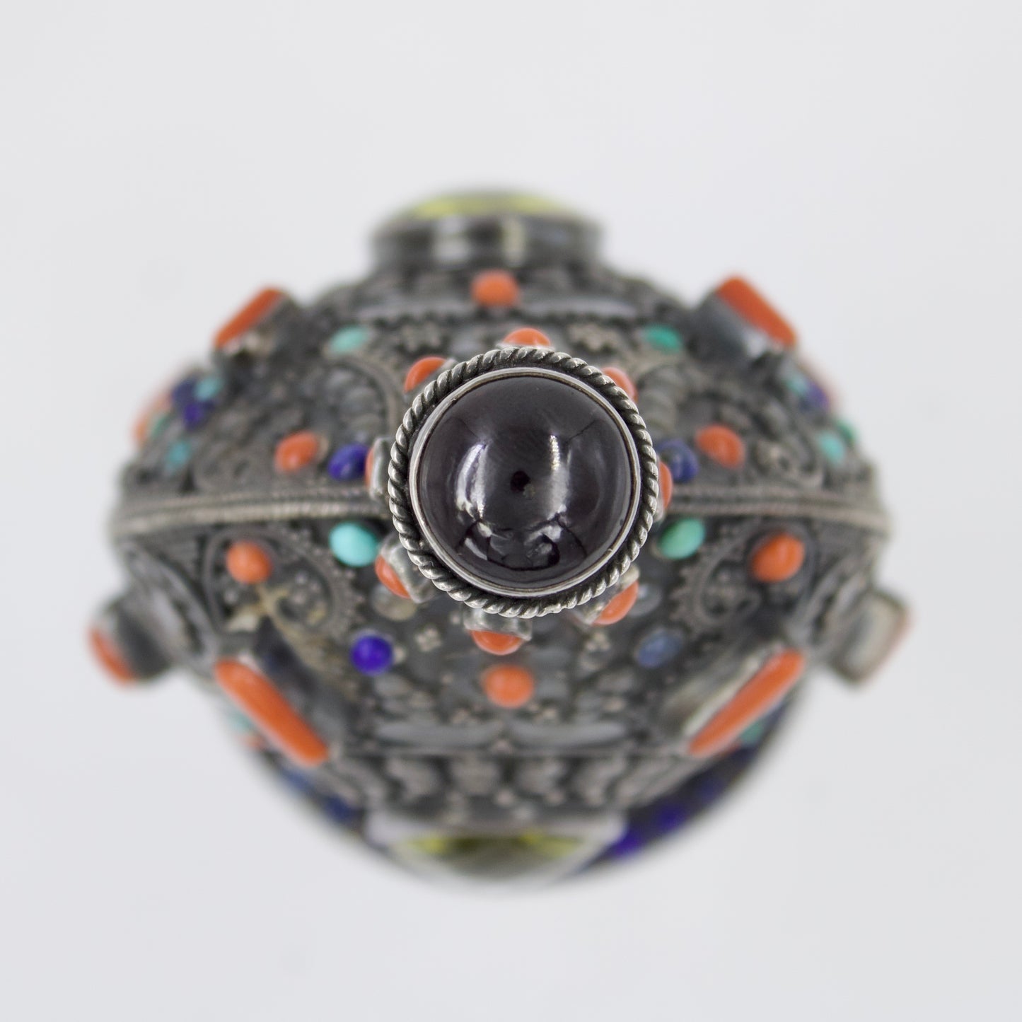 Vintage Tibetan Gem Inlay Snuff bottle in Sterling Silver