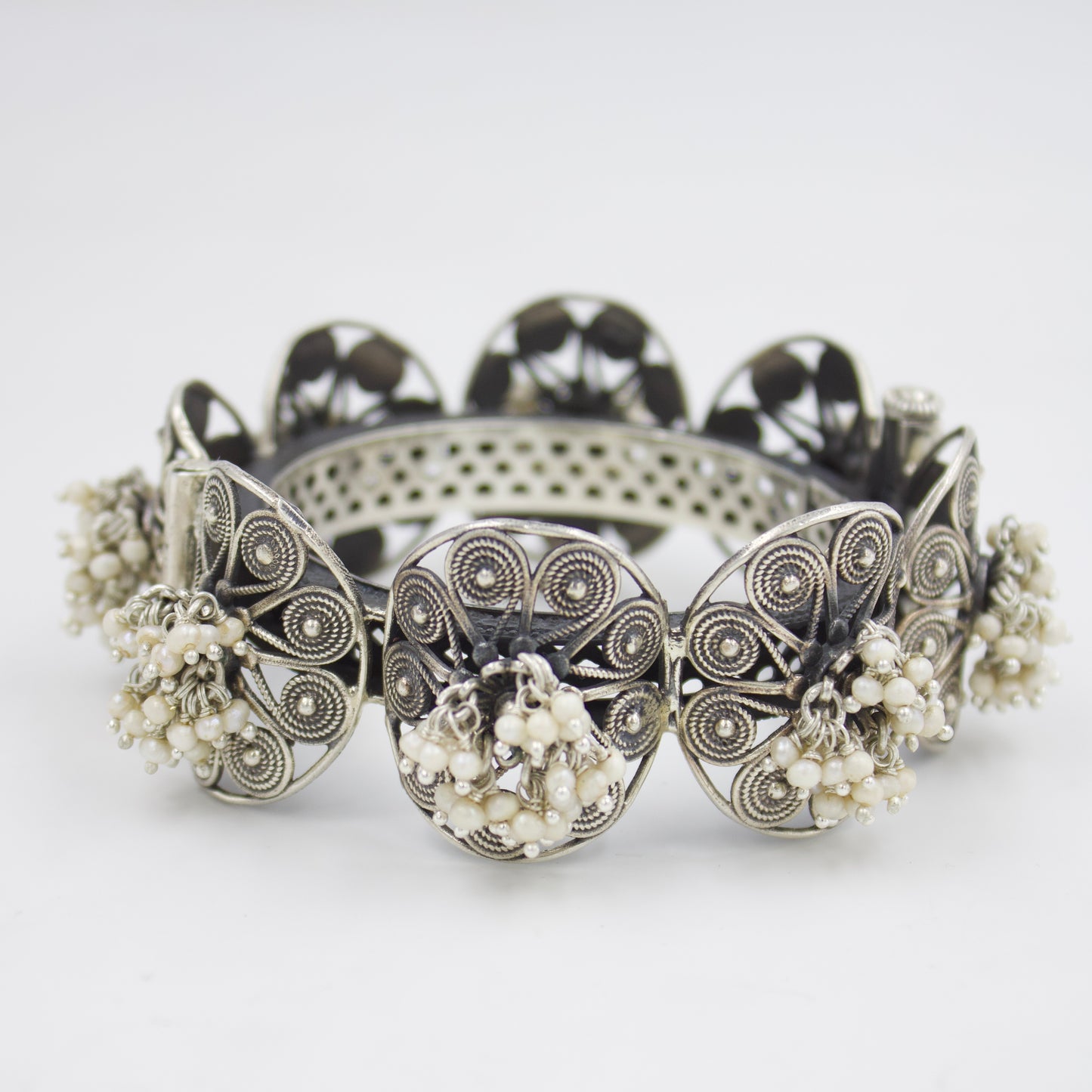 Handmade Pearl Charm Statement Kada in Sterling Silver