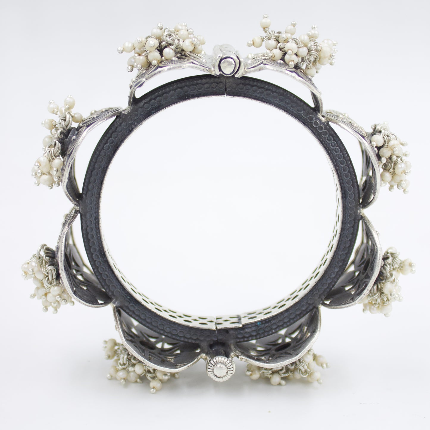 Handmade Pearl Charm Statement Kada in Sterling Silver