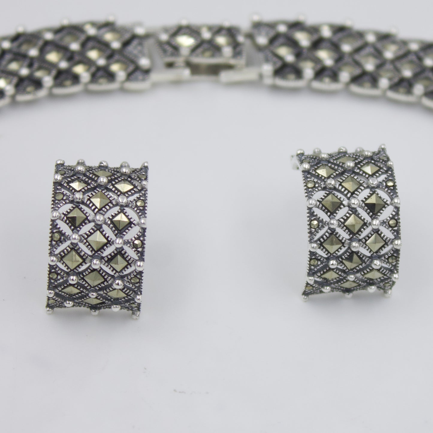 Elegant Marcasite Chatai Necklace and Earrings Set in Sterling Silver