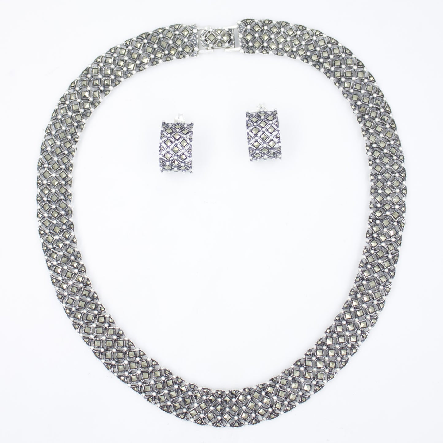 Elegant Marcasite Chatai Necklace and Earrings Set in Sterling Silver