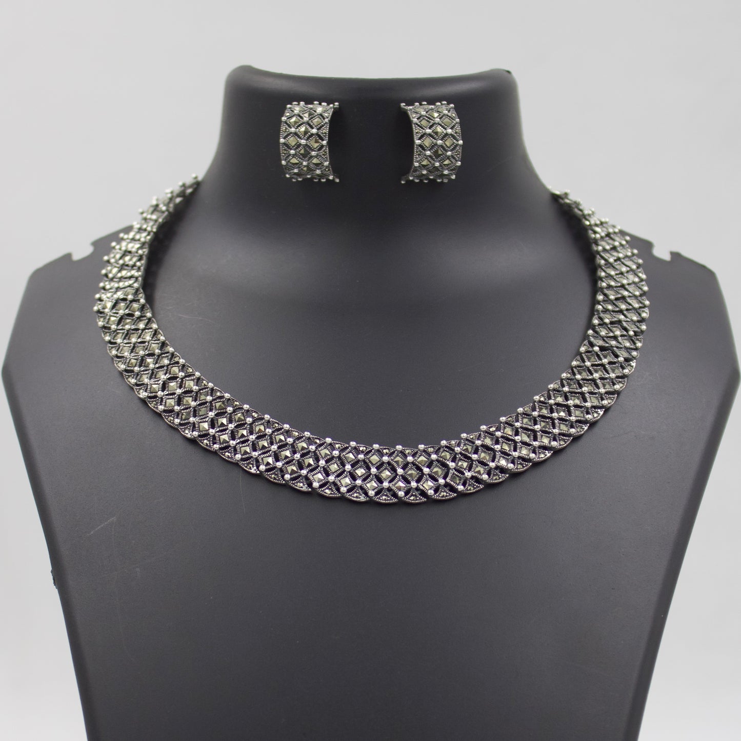 Elegant Marcasite Chatai Necklace and Earrings Set in Sterling Silver