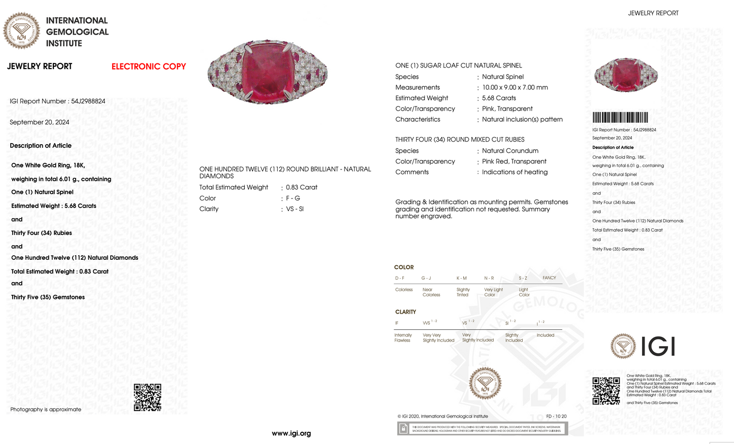 Luxury IGI Certified 5.7 ct Burmese Jedi Red Spinel, Ruby and Diamond Statement Cocktail Ring in 18K White Gold