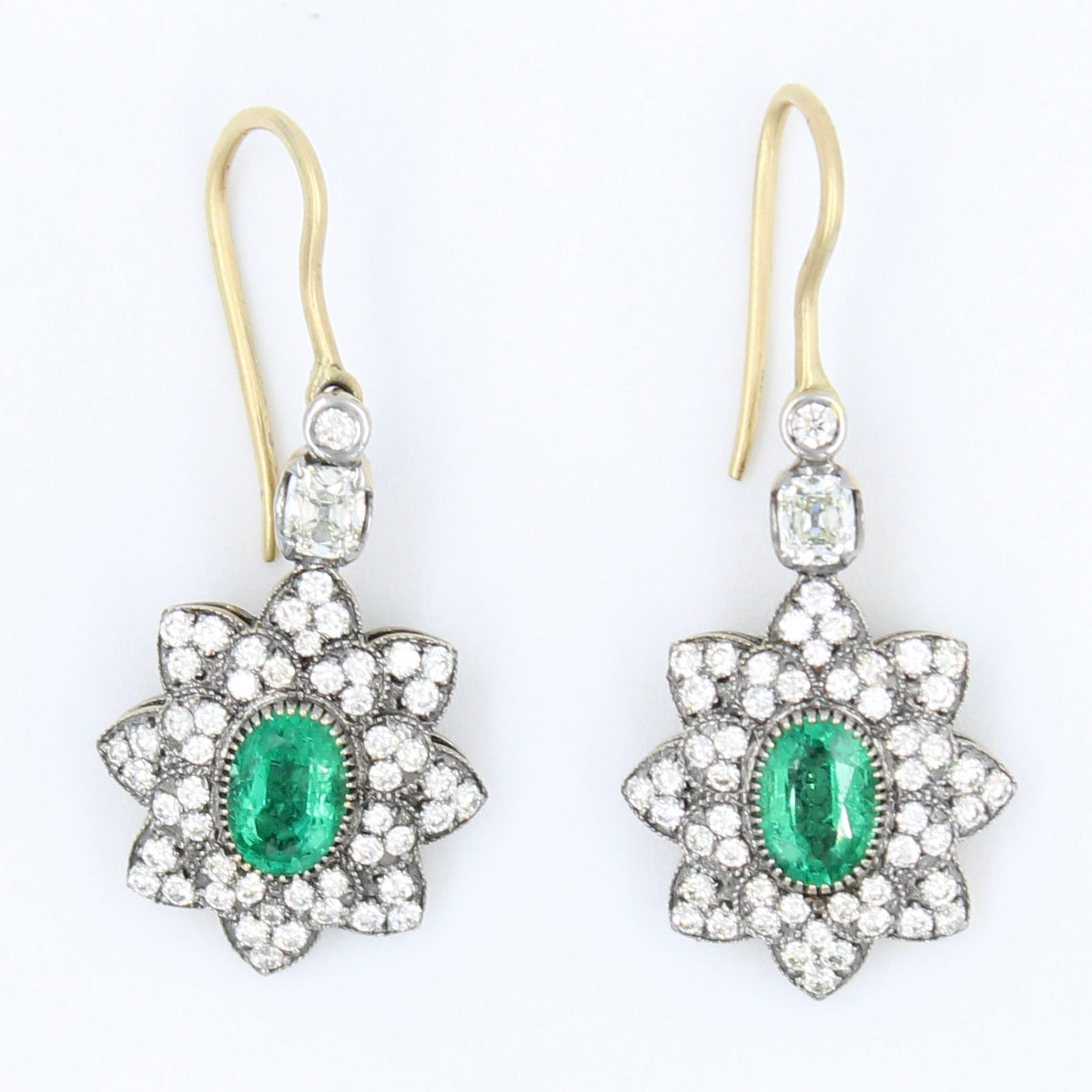 Unique 2.77 Ct Emerald & Diamond Filigree Work Drop Earrings in 18K Black Gold