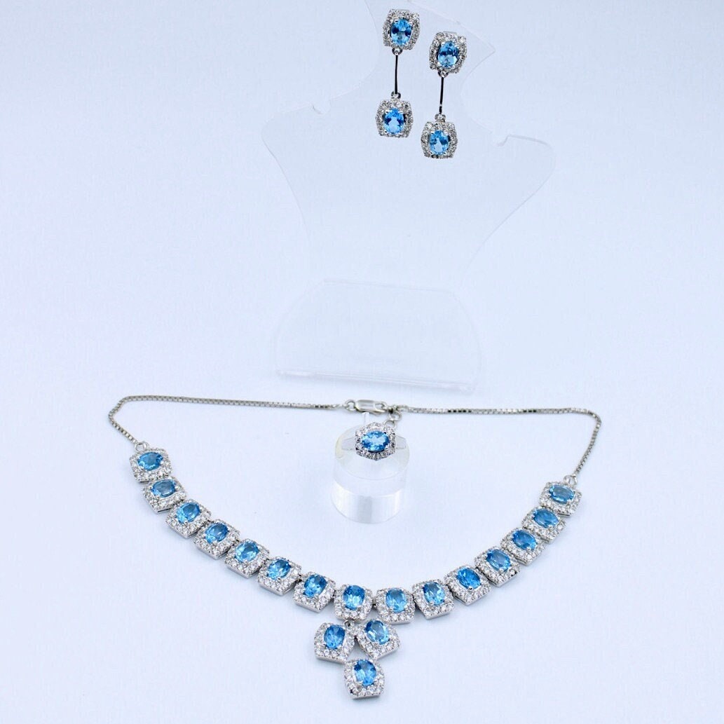 Vintage Swiss Blue Topaz & CZ Statement Necklace Earring and Ring in Sterling Silver