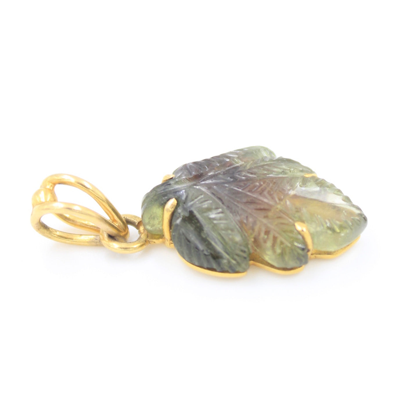 Minimalist Handmade 6.75 Ct Green Tourmaline Carved Leaf Pendant in 18K Yellow Gold
