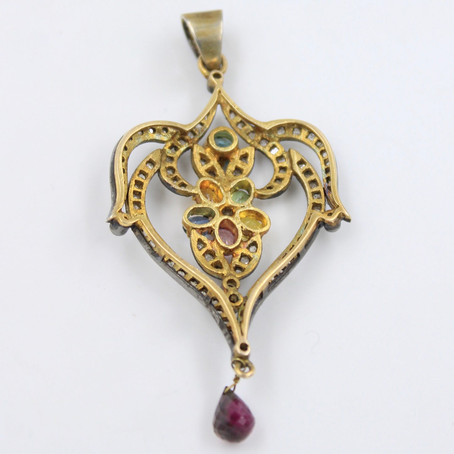 Victorian 3.85 TCW Untreated Sapphires and Diamond Pendant in 14k Gold & Sterling Silver
