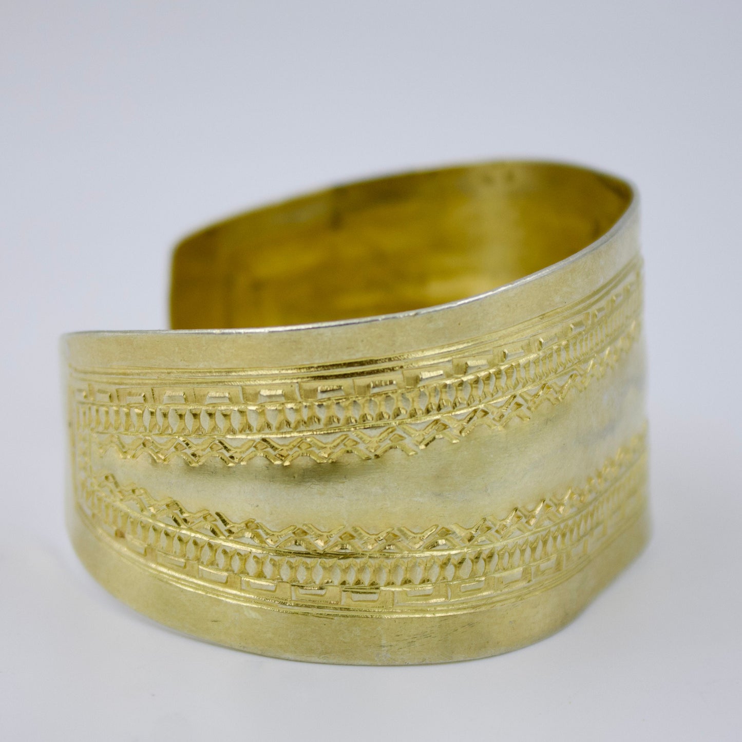 Handmade Indonesian Hand Etched Gold Plated Statement Cuff Bracelet in Sterling Silver